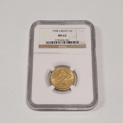 1908 Liberty $5 Gold Liberty Half Eagle NGC MS62 6062 Cover