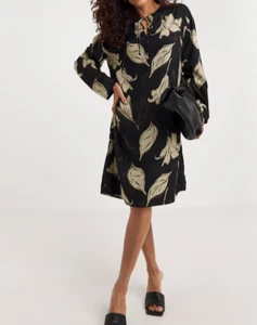 JD WILLIAMS LADIES MONO LEAF PRINT TIE NECK LONG SLEEVE TUNIC DRESS (ref 213) - Picture 1 of 5
