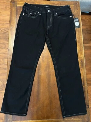 True Religion Mens Ricky Flap Relaxed Straight Black Jeans 34x30 Grey Stitched - Image 1 of 4