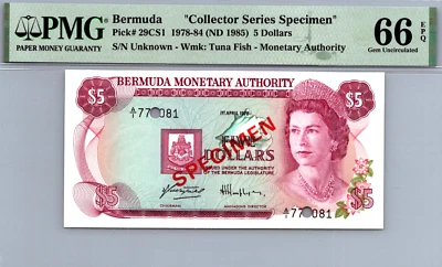 Bermuda 5 Dollars 1978 - 1984 " SPECIMEN " PMG 66 EPQ GEM UNC Pick # 29CS1 - Image 1 of 3