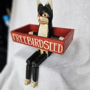 Black White Cat Free Birdseed Wooden Decor Hinged Shelf Sitter Vintage Folk Art - Picture 1 of 18