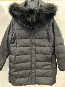 Lands End Mantel Damen 2X (20-22) schwarz Daunen gefütterte Fellkapuze lange Jacke gebraucht, in einwandfreiem Zustand - Bild 1 von 11