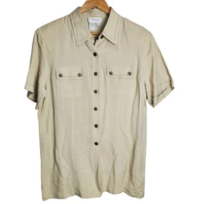 Vintage Blouse Womens Size Large Linen Tan Button Cottage Preppy Neutral Resort - Image 1 of 4