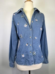 Vintage Y2K Bill Blass Jeanshemd Damen Large Blumen bestickt Cottagecore - Bild 1 von 6