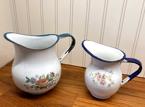 Vintage Enamelware Floral Pitchers Mexico Cinsa Saltillo Tres Lot 2 Rustic - Picture 1 of 9