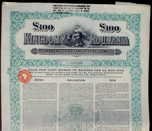 Regno di Romania 4% 100 P. Obbligazione Oro Sterling 1922 non annullata + coupon - Foto 1 di 6