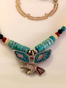 Native American Kewa Santa Domingo ? Necklase Turquoise Inlay Eagle Pendant - Picture 1 of 12