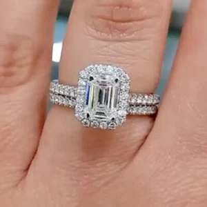 1.99 TCW Emerald Cut Moissanite Bridal Set Engagement Ring 14k White Gold Plated - Picture 1 of 8