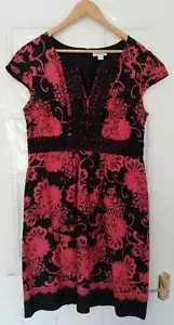 Monsoon 16 Black Pink Coral Floral Lace Detail Dress Lined Side Zip 100% Cotton - Picture 1 of 12