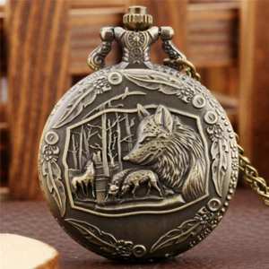 Vintage Men's Pocket Watch Foxes Pattern Bronze Retro Necklace Chain Fob Watches - Picture 1 of 9