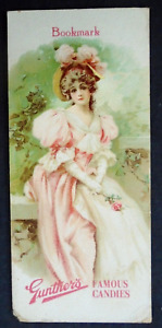 Victorian Trade Card, Gunther's Famous Candies, lady in pink, bookmark, as is