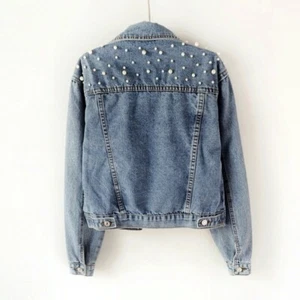 Women Denim Jacket with Pearl String and Diamond Inlaid Loose Denim Jacket Tops - Picture 1 of 18