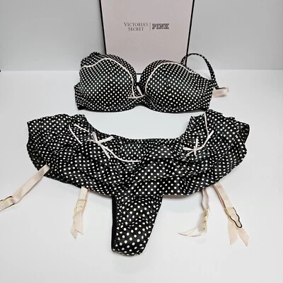 Victoria's Secret Sexy Little Thing Vintage Lunares Falda Tanga Panty Conjunto Foto 1 de 4