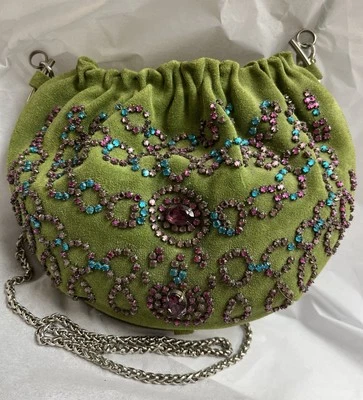 Vintage 2000’s ETRO Shoulder Bag Green Suede Leather Crystals Fabulous Purse - Image 1 of 4