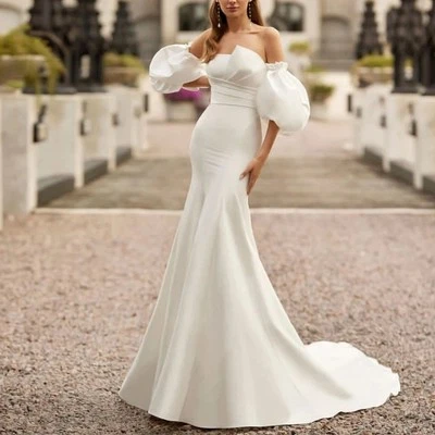 Long mermaid wedding gown with detachable sleeves strapless romantic bridal robe - Image 1 of 4