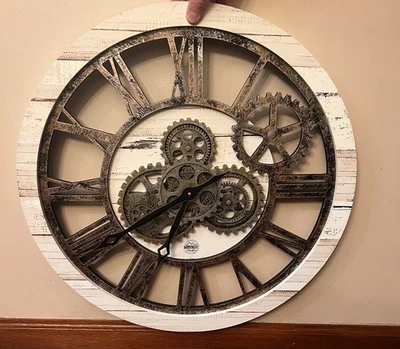 Improving Life Clock Moving Gears 23” Farmhouse White wood Trim  Steam Punk - Image 1 of 4