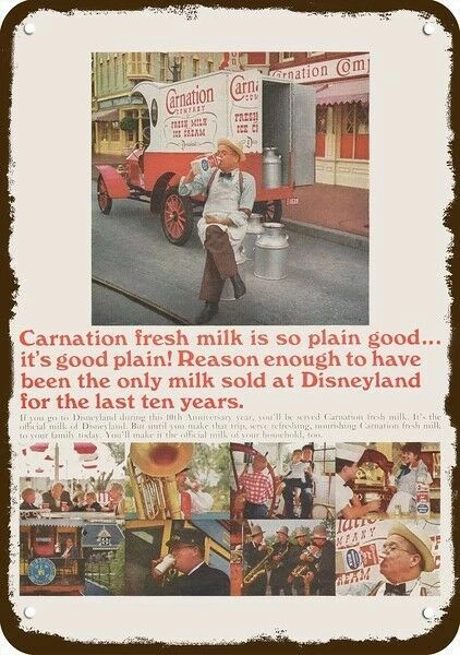 Camión de leche Disneyland Clavel 1965 aspecto vintage réplica decorativa letrero de metal Foto 1 de 1