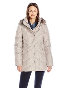 London Fog Women's Faux Fur Trim Hood 30" Quilted Down Coat - Picture 1 of 11