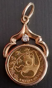Moneda China 1985 1/20 OZ oro 999 PANDA 5 yuanes en colgante bisel de diamante sólido de 14 K - Imagen 1 de 4