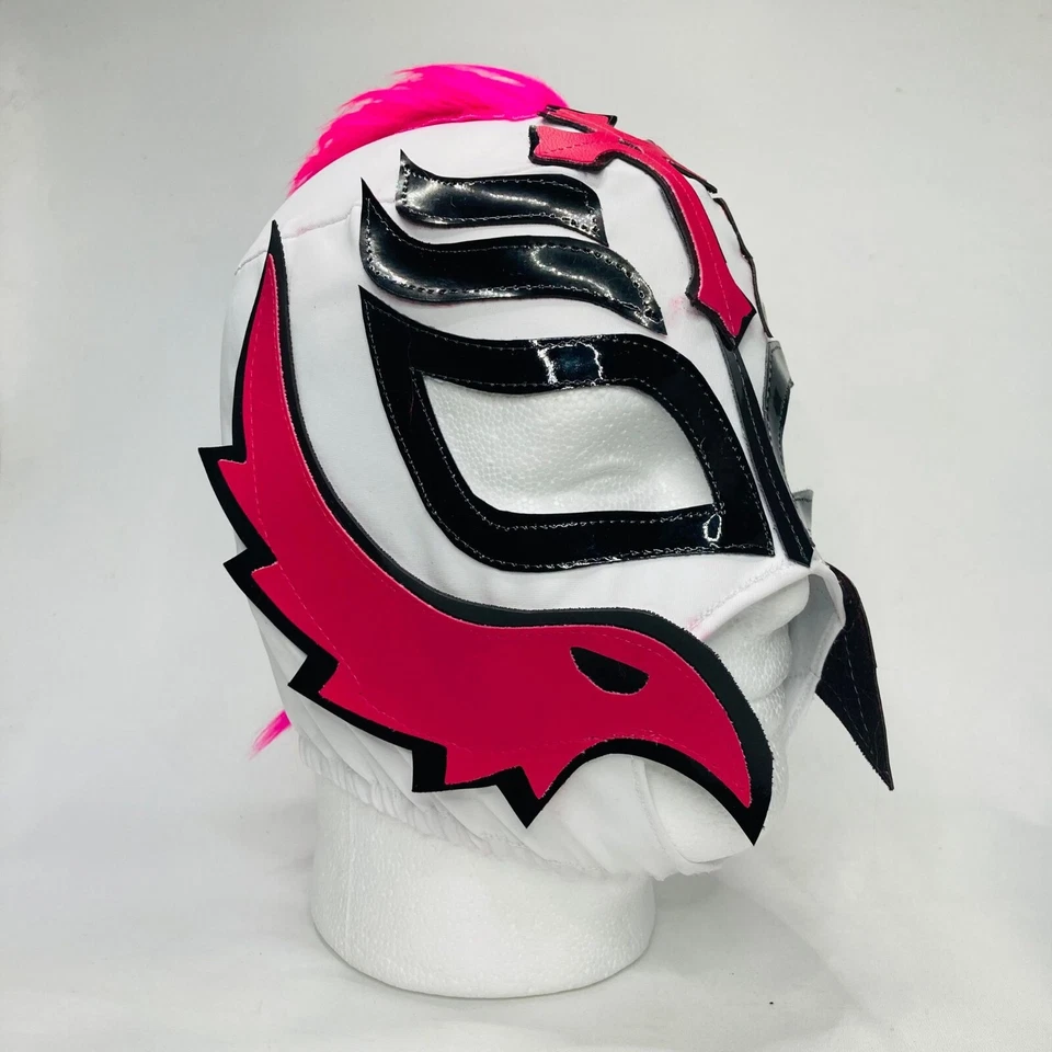 Máscara de lucha libre Mysterio hecha a mano para niños imitación cabello mohawk colores blanco y rosa Foto 1 de 4