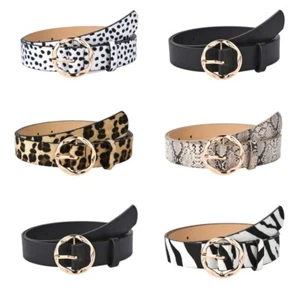 Women Animal Print Round Buckle Skinny Faux Leather Belt Dress Jeans Waistband - Picture 1 of 8