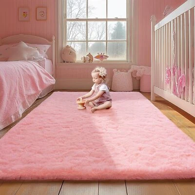 Pink Area Rugs for Girls Bedroom, 4x6 Fluffy Fuzzy Shaggy Carpet for Kids Playro - Image 1 of 4