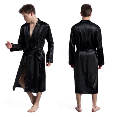 Mens Long Satin Silk Pajamas Kimono Bathrobe Robe Dressing Gown Pjs Loungewear - Image 1 of 4