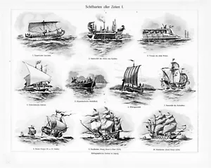 1905 SAILING SHIPS THRU AGES VINTAGE ENGRAVING ILLUSTRATION PRINT 4pgs FOLDOUT - Picture 1 of 4