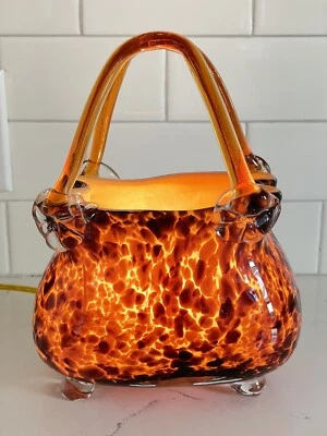 Murano Style-Glass Purse-Hand Blown Studio Art Glass Amber Leopard 9” Table lamp - Image 1 of 4