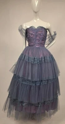 VINTAGE 1950’S POOFY PURPLE TULLENET  + LACE PARTY DRESS W NET JACKET - Image 1 of 4