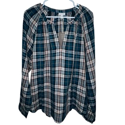 Garnet Hill Organic-Cotton Gauze Plaid Popover Women Size XL NWT Green Blouse - Image 1 of 4