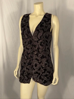 Vintage Norton McNaughton Black Velvet Sparkle Paisley Button Front Vest Size 8 - Image 1 of 4