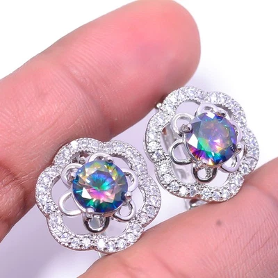 Brinco de prata esterlina 925 Rainbow Mystic Fire topázio e CZ 0,86" E2 - Imagem 1 de 4