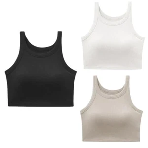 Women Summer Round Neck Crop Tank Top Sleeveless Padded Ribbed Racerback Vest - Picture 1 of 9