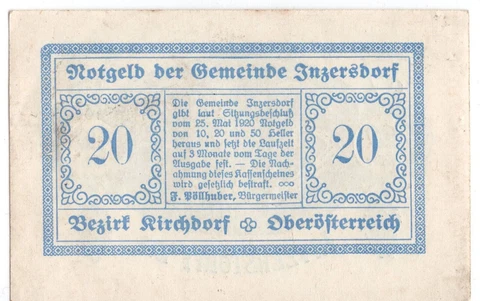 1920 Austria Notgeld Municipality of Inzersdorf 20 Heller (D311) Cover