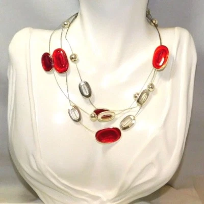 Vintage 3T con Filo Natale Rosso Smalto Perlina Color Argento 19 " Collana 11L - Immagine 1 di 3