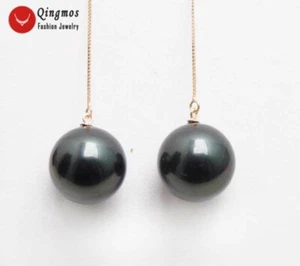 Pendiente redondo de perlas concha de mar negro de 16 mm oro rosa plata S925 pendiente línea de oreja - Imagen 1 de 7