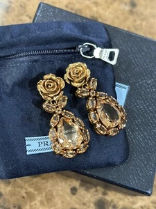 PRADA ROSE CRYSTAL DROP DANGLE EARRINGS CLIP ON - Picture 1 of 11