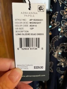 ๐ ADRIANNA PAPELL Navy Sequin Beaded Embellished Sheer Illusion Yoke Gown 12 - Picture 1 of 8