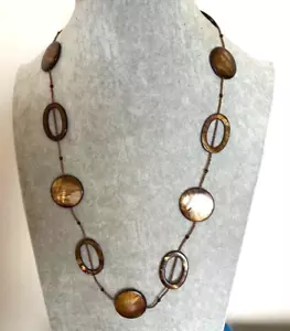 Abalone shell necklace gold tone glass seed bead 74cm vintage costume jewellery - Picture 1 of 10