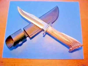 CUSTOM UNUSED BUCK 119 SPECIAL KNIFE WITH ELK CROWN STAG HANDLE, LEATHER SHEATH - Picture 1 of 19