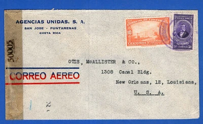 COSTA RICA TO USA, 1944, AIR MAIL CENSORED COVER, VF - Image 1 of 2