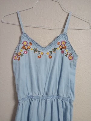 Derek Heart Denim Romper With Floral Embroidery Size Medium - Image 1 of 4
