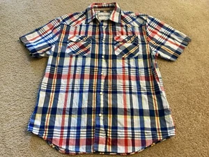 Ditch Plains Mens Size L Button Shirt Red Blue Plaid Short Sleeve Pearl Snap - Picture 1 of 11