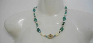 Hand Crafted by Me~Greens/Turquoise/Cream Oval Beaded Necklace w/Barrel Clasp - Picture 1 of 4