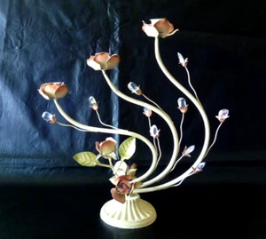 Vintage Shabby Chic Toleware Metal Candalabra  ROSES, PRISIMS Candle Holder - Picture 1 of 20
