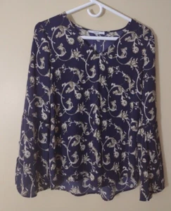 RO & DE Womens Blouse Size Small ink Blue Slate multi Bell Sleeve Top Flowy - Picture 1 of 6