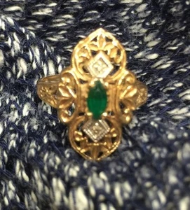 Sz 6 Diamond 1/5 Ct Natural Emerald 10k Yellow Gold Ring Marquise Filagree - Picture 1 of 8