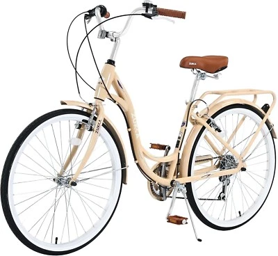 Bicicleta de crucero de playa ZUKKA 26 pulgadas para mujer Bicicleta híbrida de 7 velocidades para mujer y mujer, beige Foto 1 de 4