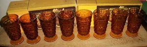 SET OF 8 VINTAGE INDIANA GLASS WHITEHALL COOLER CUBIST AMBER PEDESTAL GLASS+BOX - Picture 1 of 9